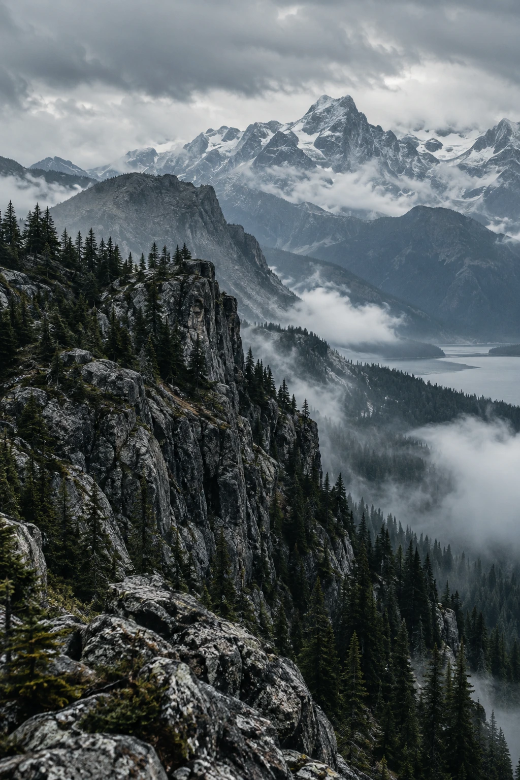 Montagne e foreste avvolte dalla nebbia