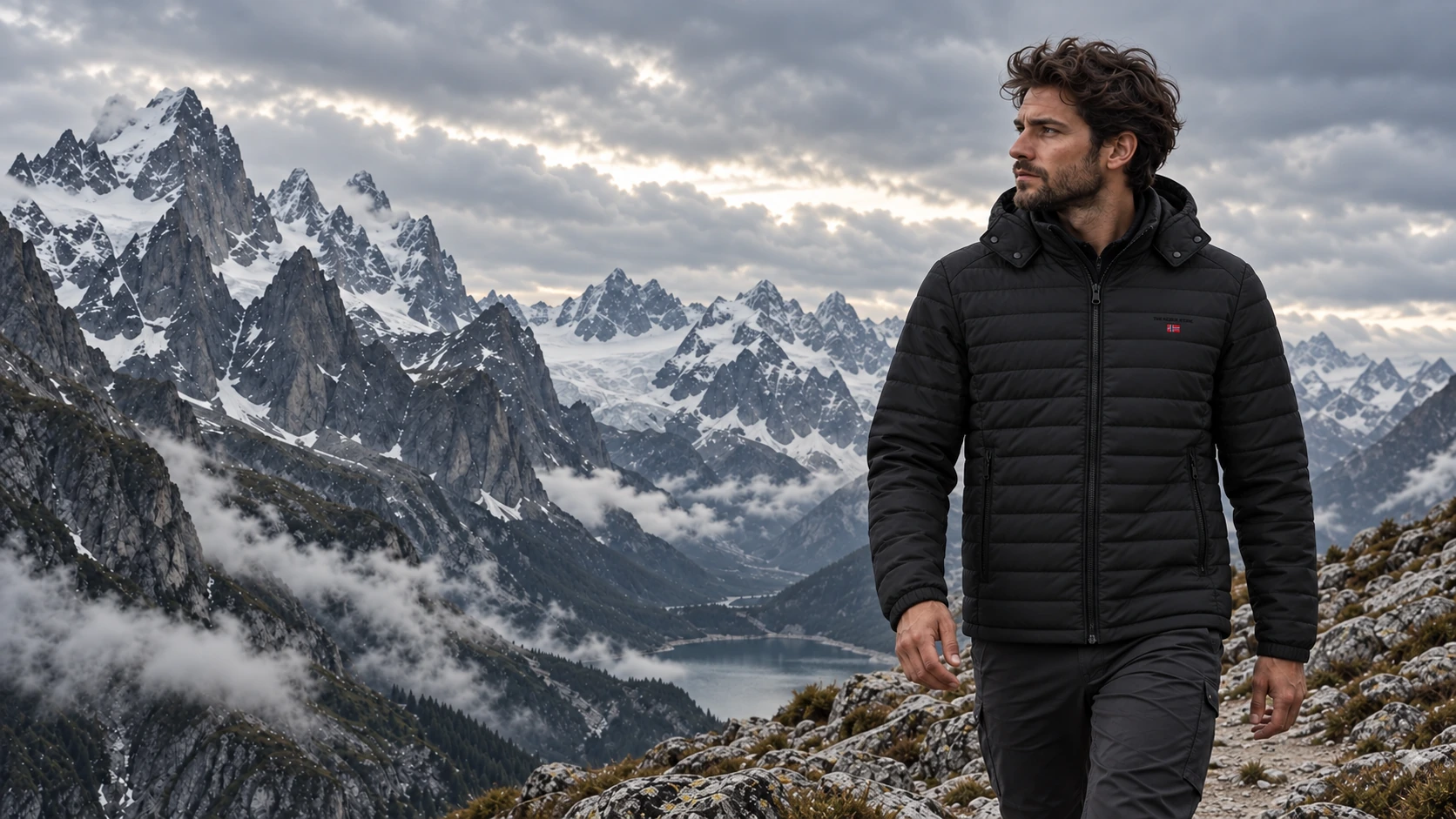 Un uomo in montagna indossa il giubbino nero trapuntato The North Stone