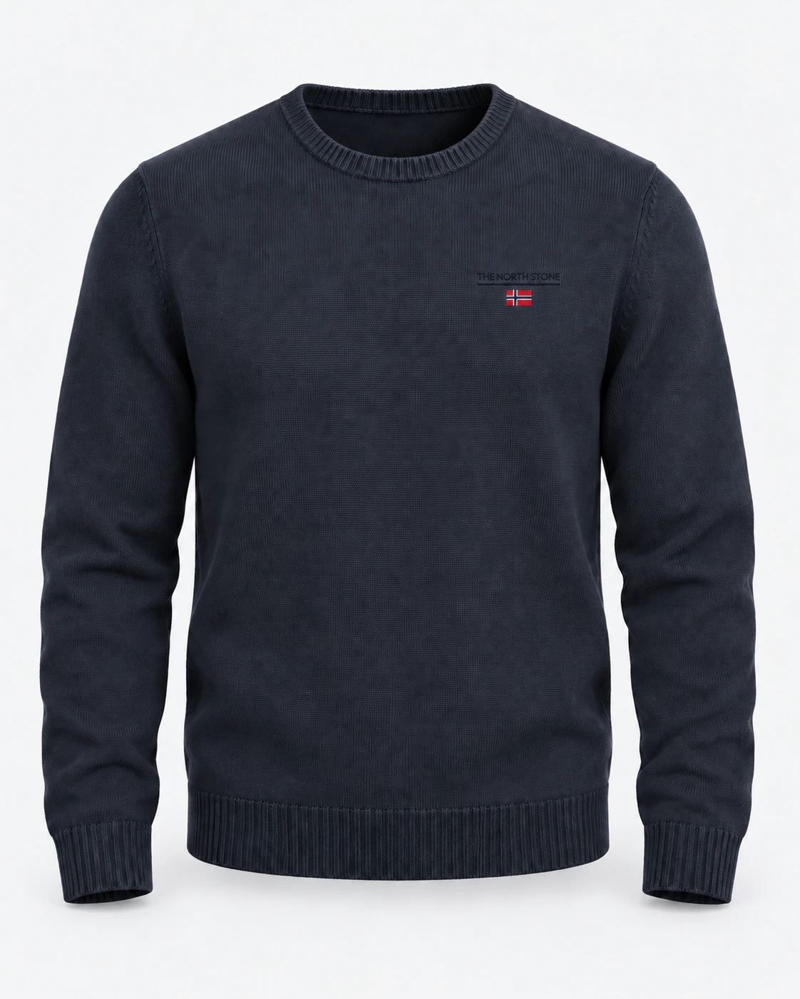 Maglione girocollo blu notte — rendering realistico su manichino invisibile