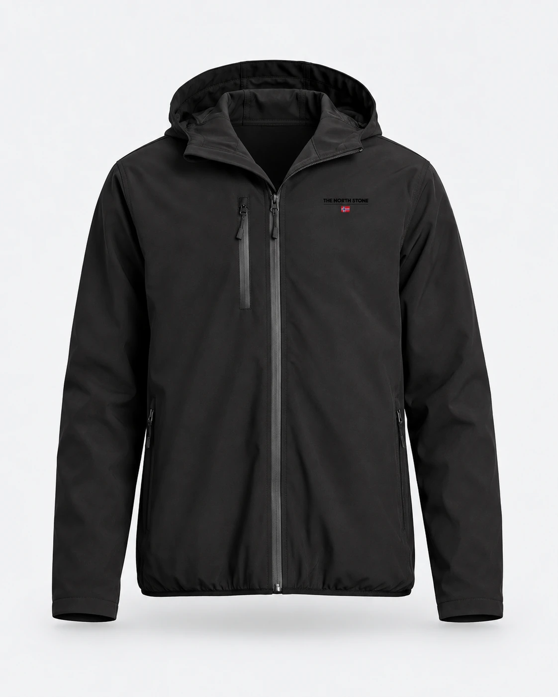Softshell con cappuccio nero — rendering realistico su manichino invisibile