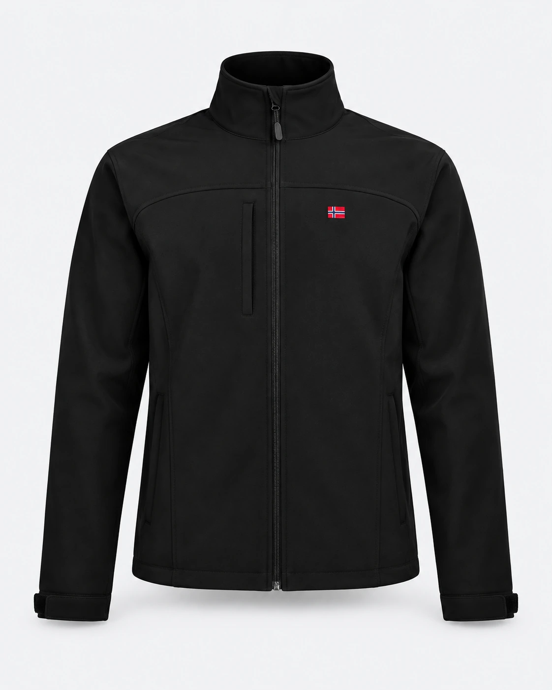 Softshell collo alto nero — rendering realistico su manichino invisibile